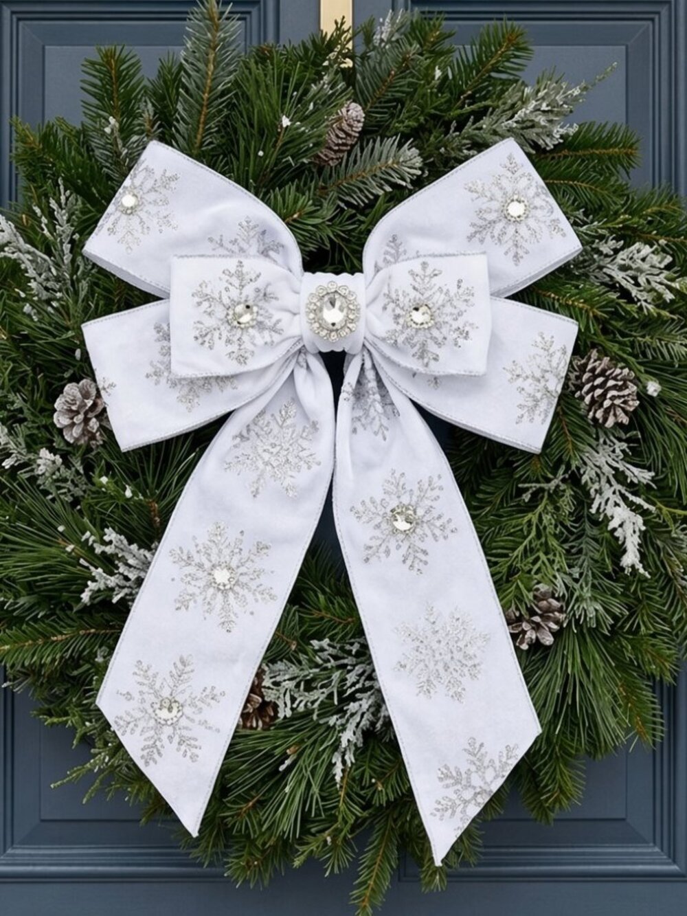 4" x 10 Yds White Velvet Silver Glitter Snowflake Rhinestone Jewel Wired Ribbon
